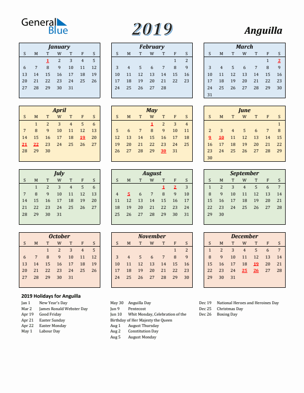 Anguilla Calendar 2019 with Sunday Start