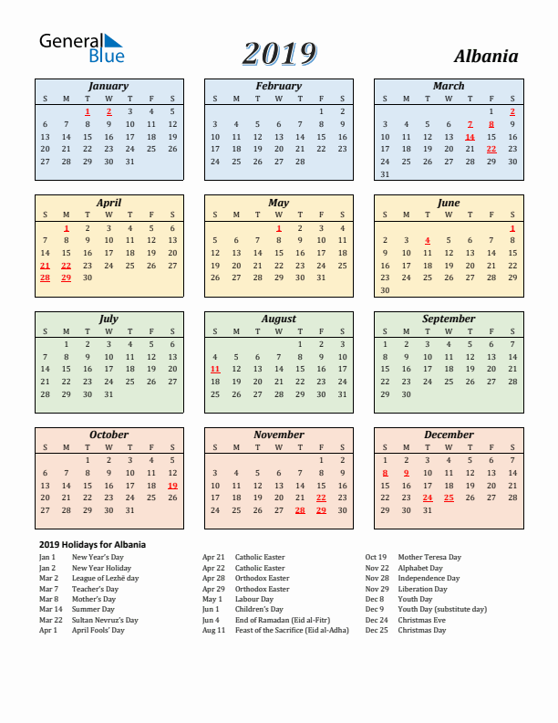 Albania Calendar 2019 with Sunday Start