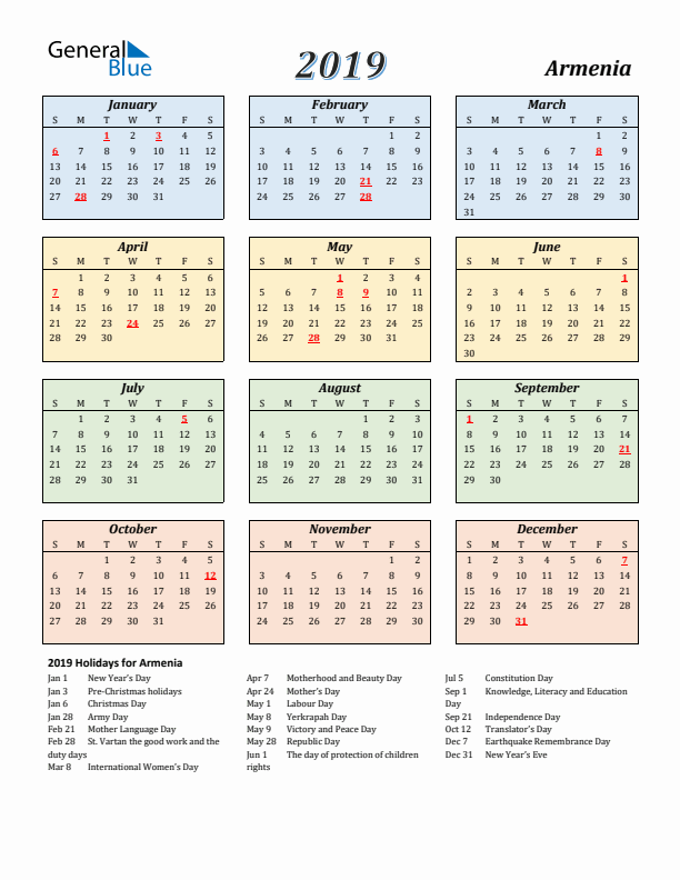 Armenia Calendar 2019 with Sunday Start