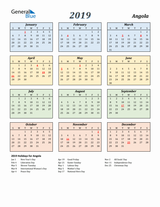Angola Calendar 2019 with Sunday Start