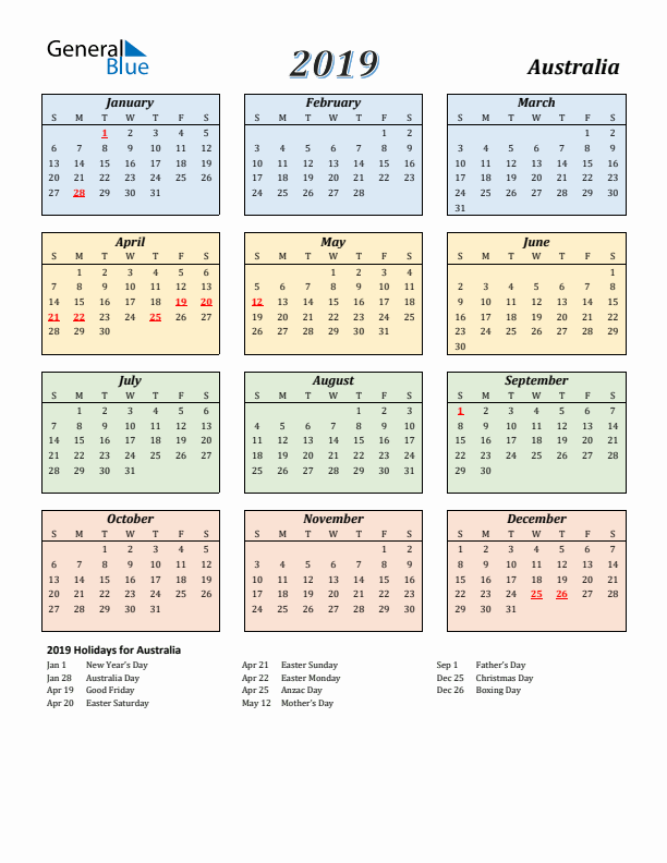 Australia Calendar 2019 with Sunday Start