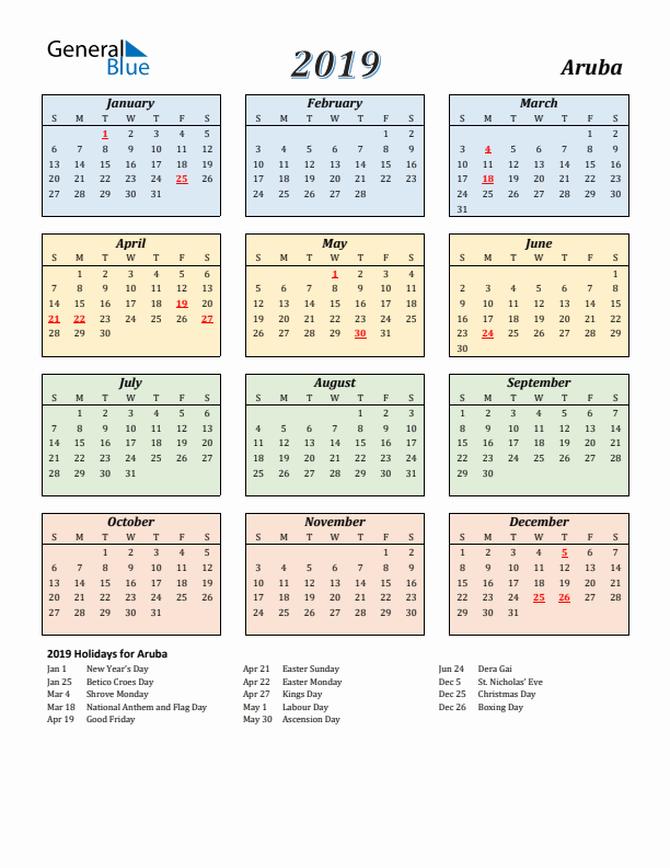 Aruba Calendar 2019 with Sunday Start