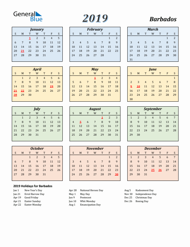Barbados Calendar 2019 with Sunday Start