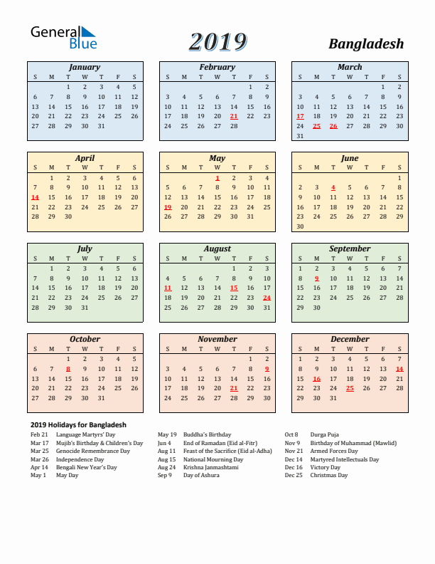 Bangladesh Calendar 2019 with Sunday Start