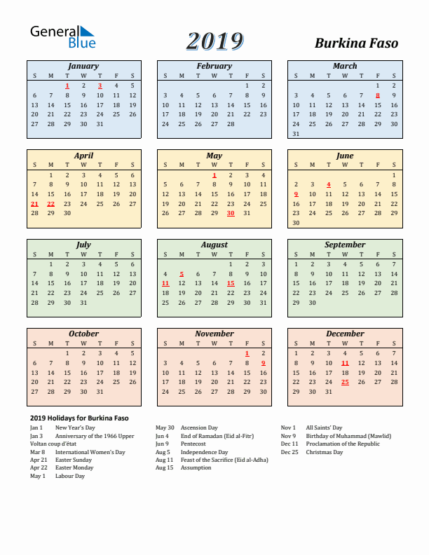Burkina Faso Calendar 2019 with Sunday Start
