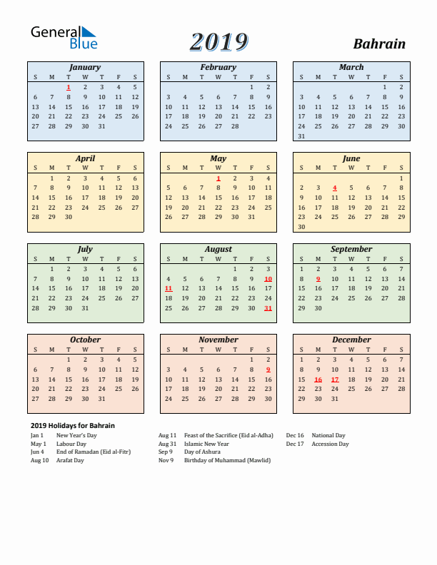 Bahrain Calendar 2019 with Sunday Start