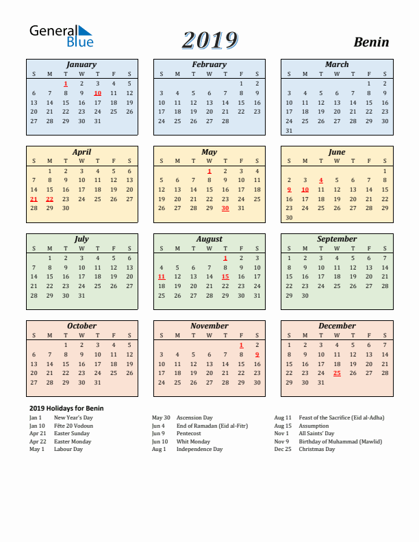 Benin Calendar 2019 with Sunday Start