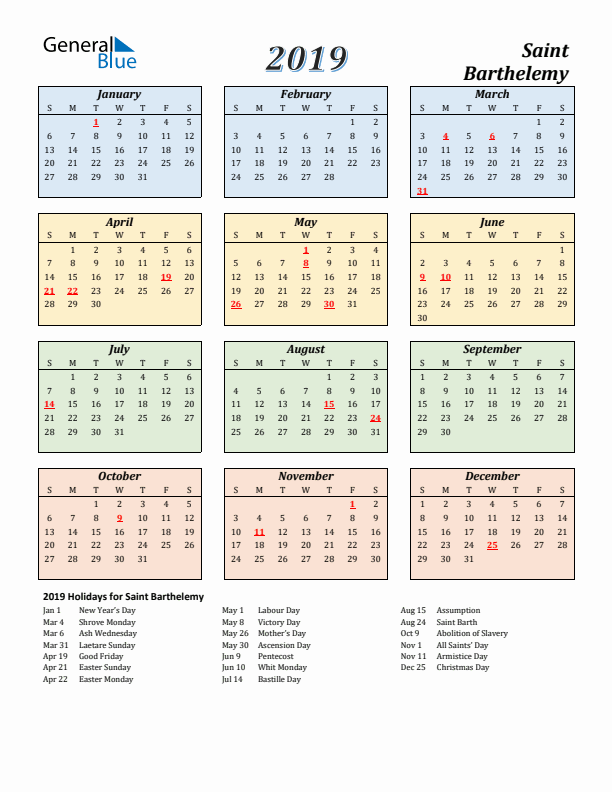 Saint Barthelemy Calendar 2019 with Sunday Start
