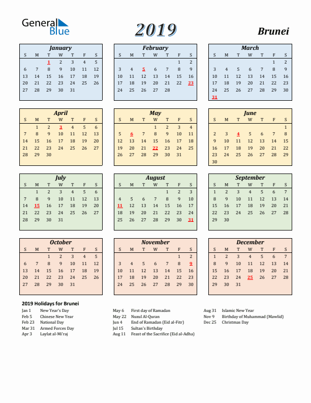 Brunei Calendar 2019 with Sunday Start