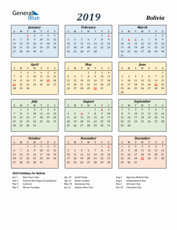 Bolivia Calendar 2019 with Sunday Start