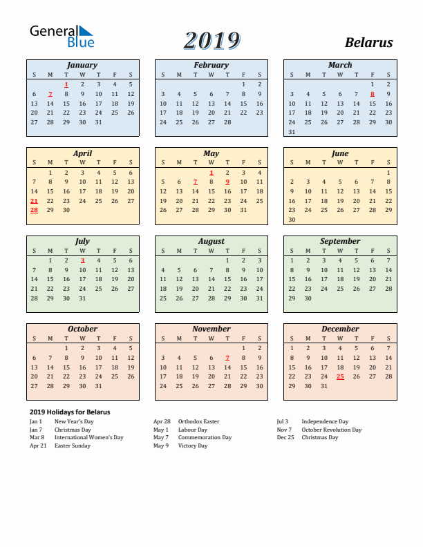 Belarus Calendar 2019 with Sunday Start