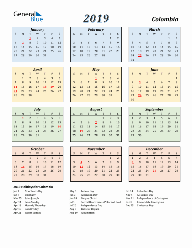 Colombia Calendar 2019 with Sunday Start