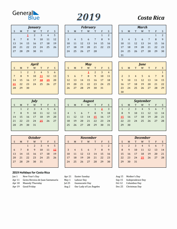 Costa Rica Calendar 2019 with Sunday Start