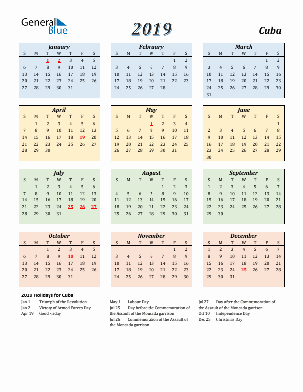 Cuba Calendar 2019 with Sunday Start