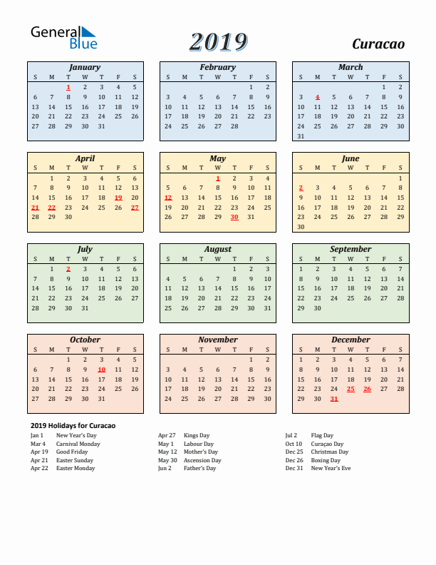 Curacao Calendar 2019 with Sunday Start