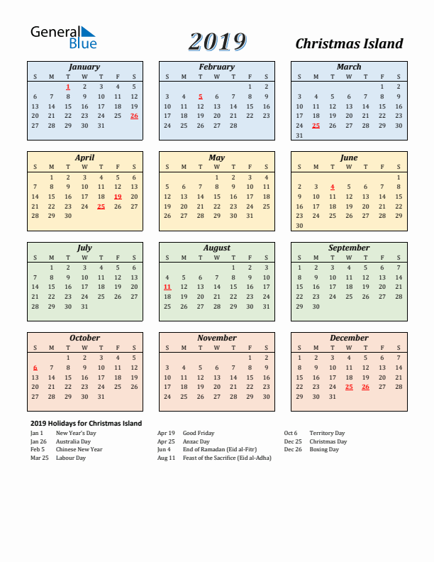 Christmas Island Calendar 2019 with Sunday Start