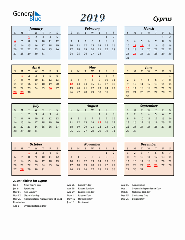 Cyprus Calendar 2019 with Sunday Start