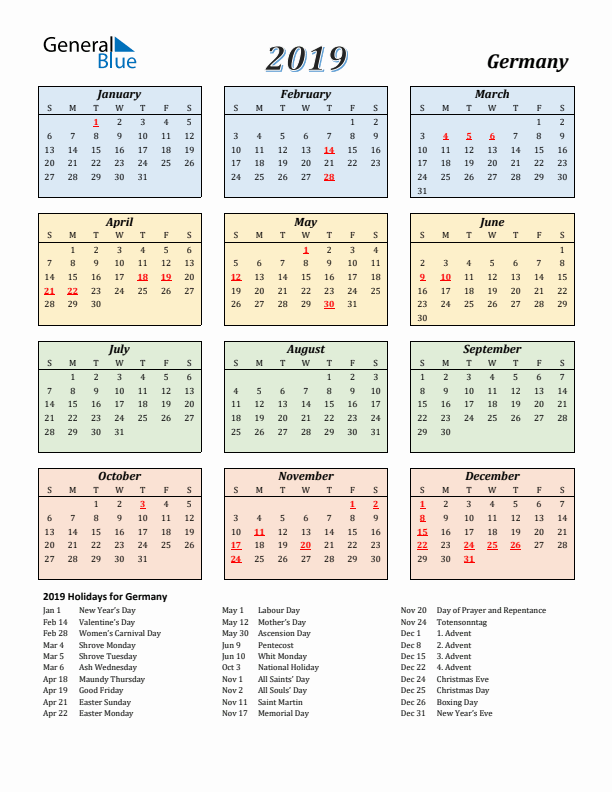 Germany Calendar 2019 with Sunday Start