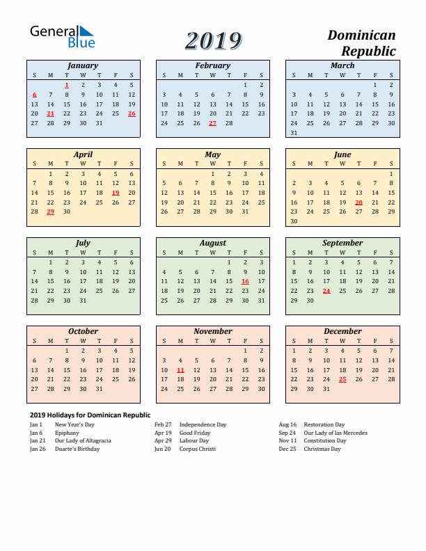 Dominican Republic Calendar 2019 with Sunday Start