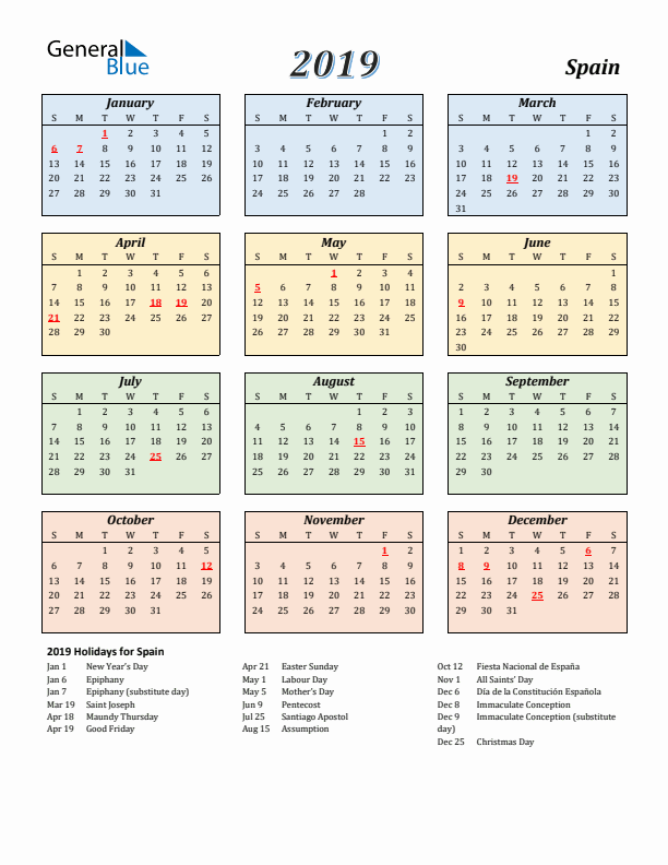 Spain Calendar 2019 with Sunday Start