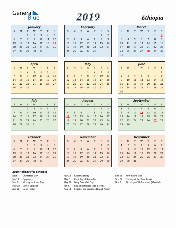 Ethiopia Calendar 2019 with Sunday Start