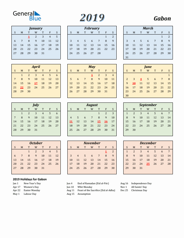 Gabon Calendar 2019 with Sunday Start