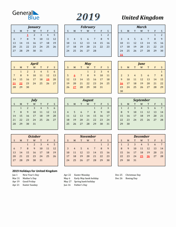 United Kingdom Calendar 2019 with Sunday Start
