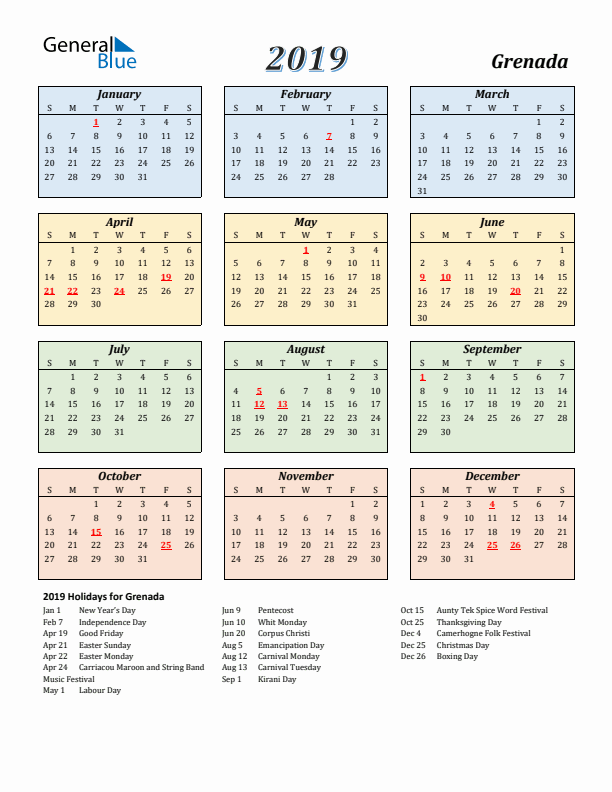 Grenada Calendar 2019 with Sunday Start