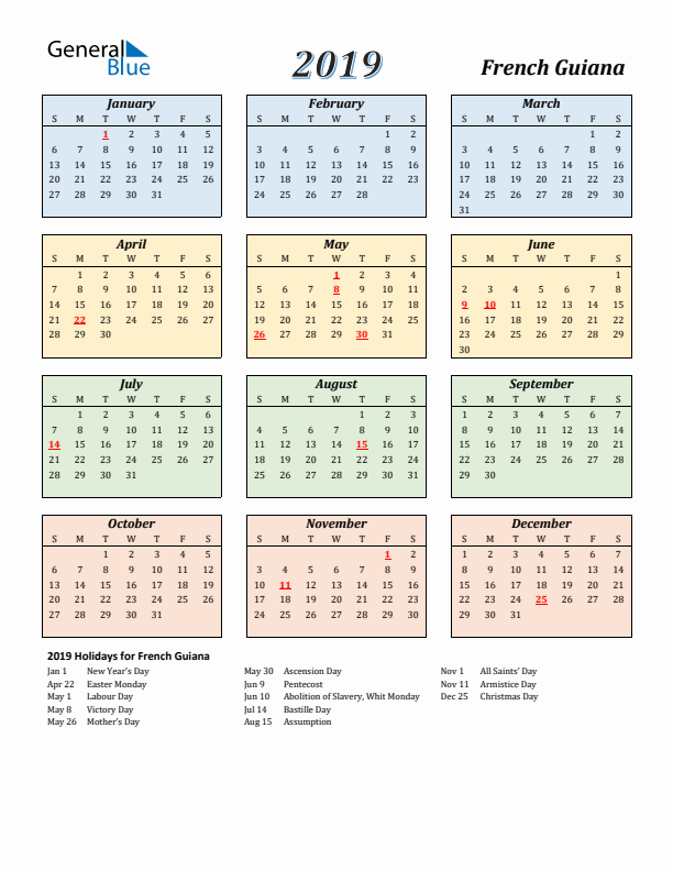French Guiana Calendar 2019 with Sunday Start