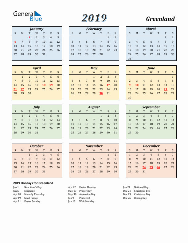 Greenland Calendar 2019 with Sunday Start