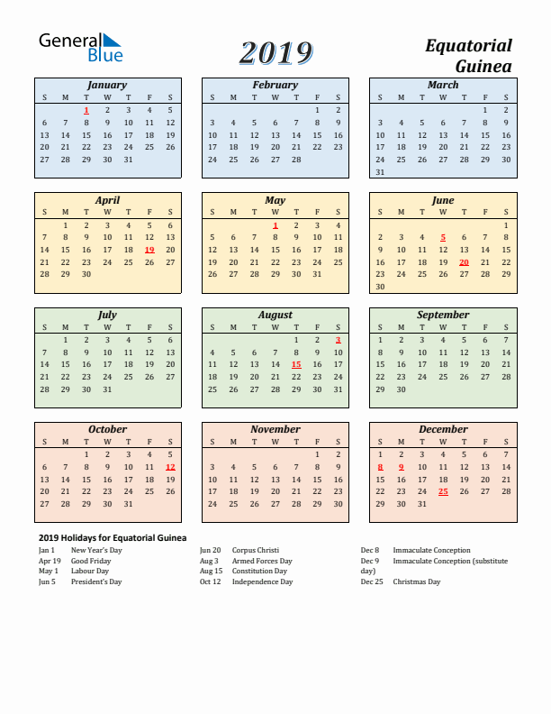 Equatorial Guinea Calendar 2019 with Sunday Start