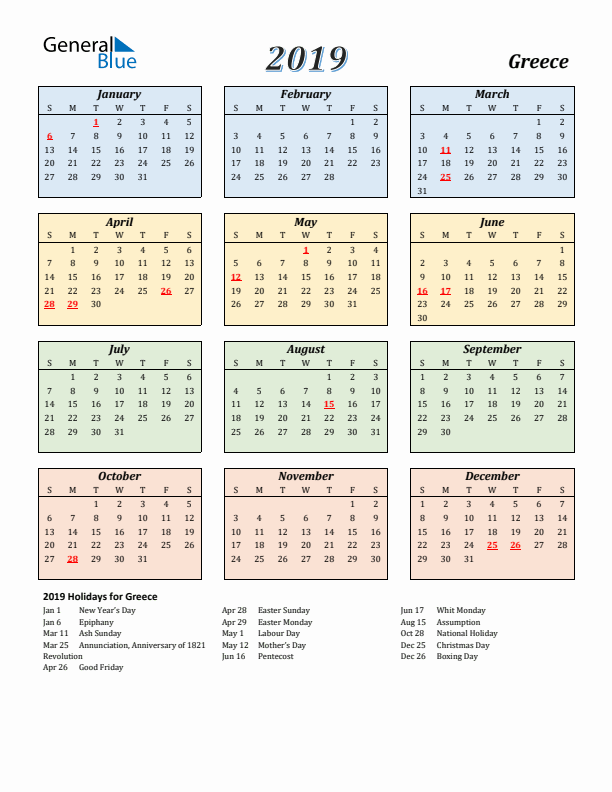Greece Calendar 2019 with Sunday Start