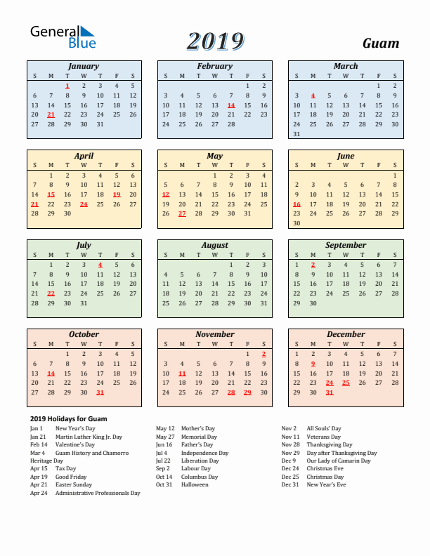 Guam Calendar 2019 with Sunday Start