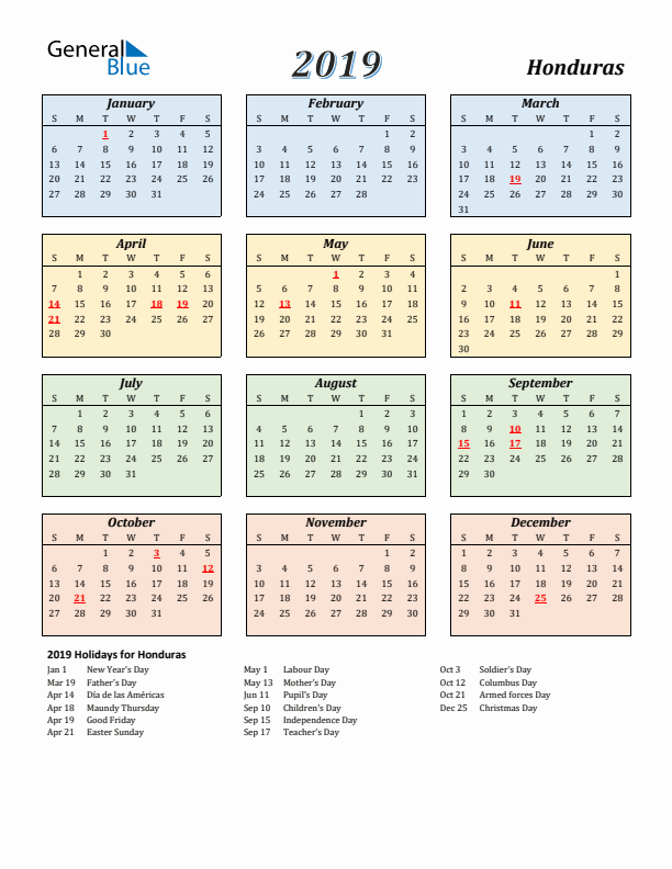 Honduras Calendar 2019 with Sunday Start