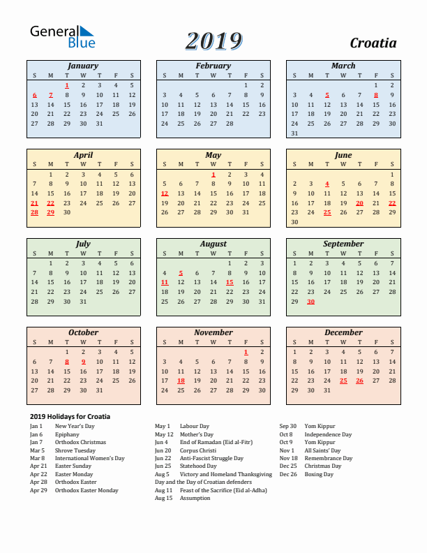 Croatia Calendar 2019 with Sunday Start