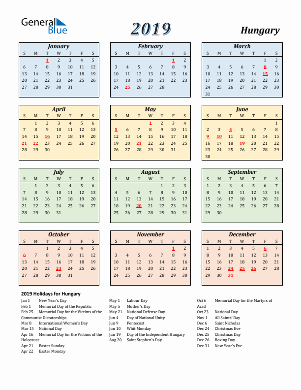 Hungary Calendar 2019 with Sunday Start