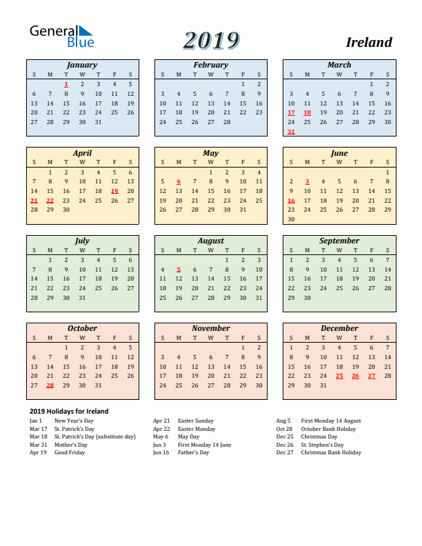 Ireland Calendar 2019 with Sunday Start