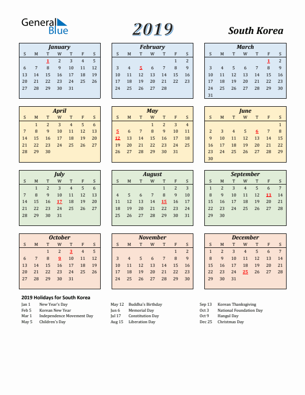 South Korea Calendar 2019 with Sunday Start