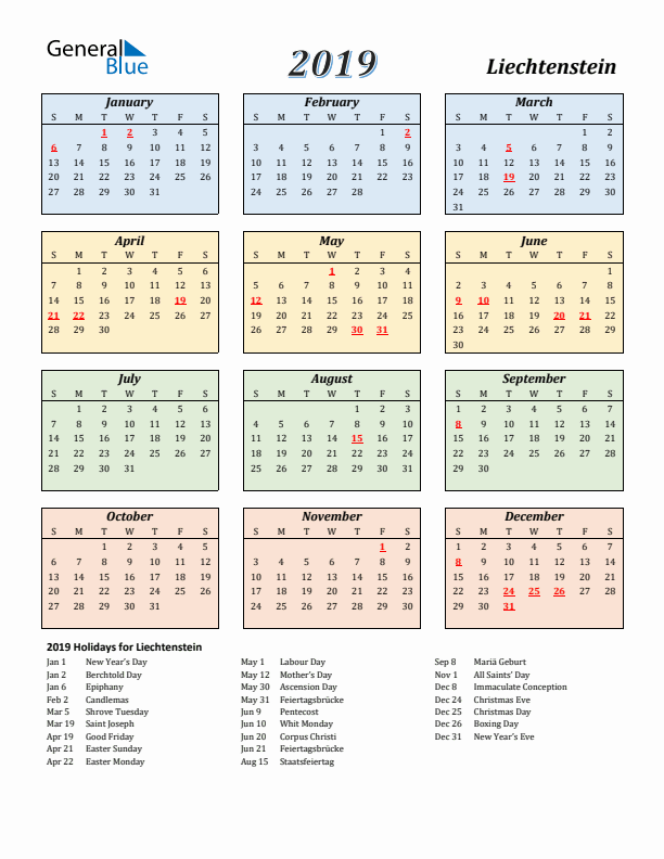 Liechtenstein Calendar 2019 with Sunday Start