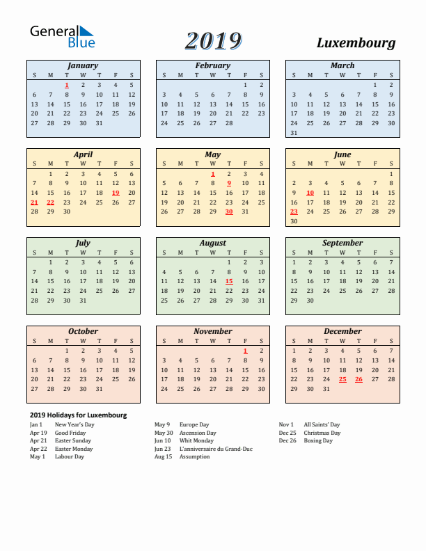 Luxembourg Calendar 2019 with Sunday Start