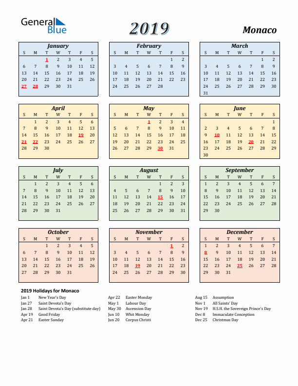 Monaco Calendar 2019 with Sunday Start