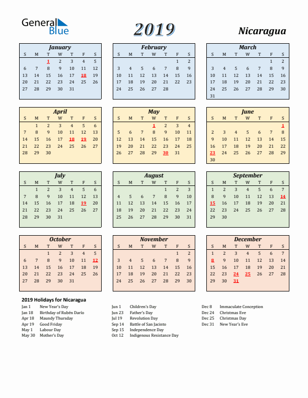 Nicaragua Calendar 2019 with Sunday Start