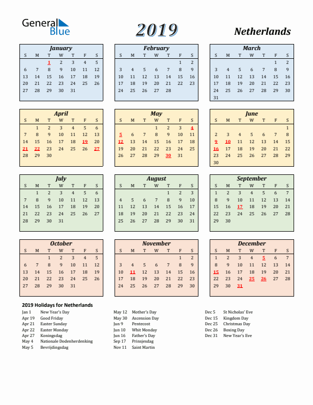 The Netherlands Calendar 2019 with Sunday Start