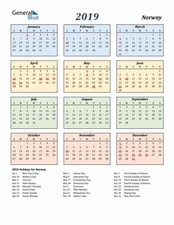 Norway Calendar 2019 with Sunday Start
