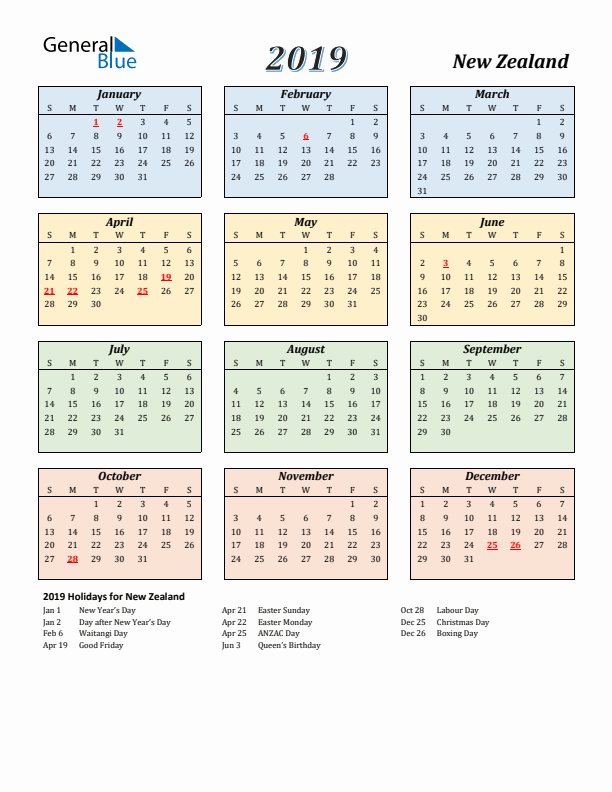New Zealand Calendar 2019 with Sunday Start