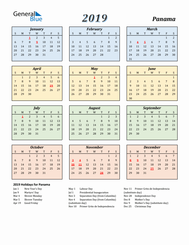 Panama Calendar 2019 with Sunday Start