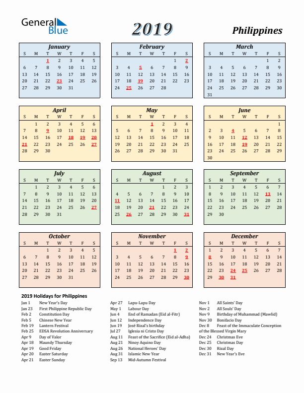 Philippines Calendar 2019 with Sunday Start