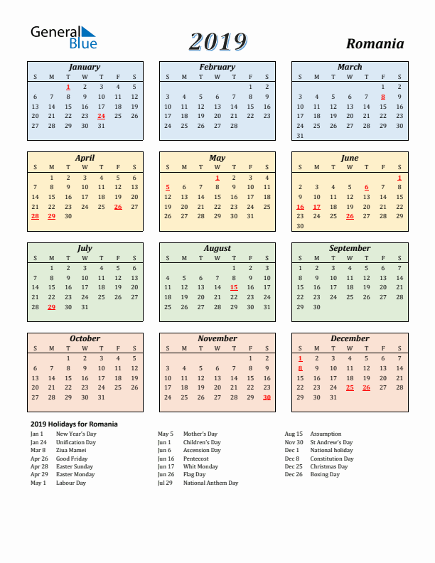 Romania Calendar 2019 with Sunday Start