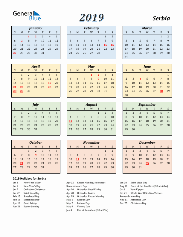 Serbia Calendar 2019 with Sunday Start