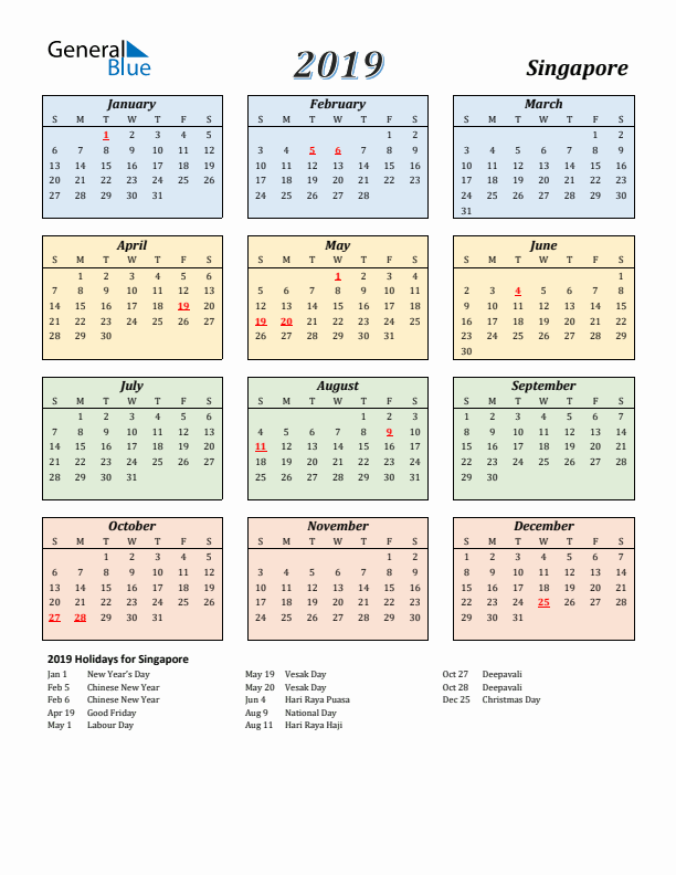 Singapore Calendar 2019 with Sunday Start